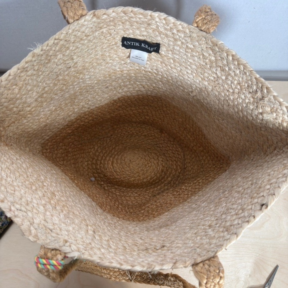 ANTIK KRAFT 100% Jute Color Block Tote Bag Ivory Natural Tassel NWT India - Picture 8 of 8